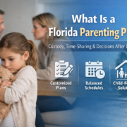 Child holding teddy bear in foreground with parents in discussion behind, illustrating a Florida parenting plan, child custody, time-sharing schedules, and co-parenting after divorce