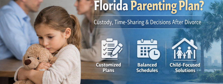 Child holding teddy bear in foreground with parents in discussion behind, illustrating a Florida parenting plan, child custody, time-sharing schedules, and co-parenting after divorce